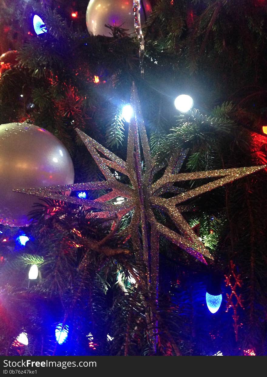 Decorations and Lights on a Christmas Tree in Bryant Park.