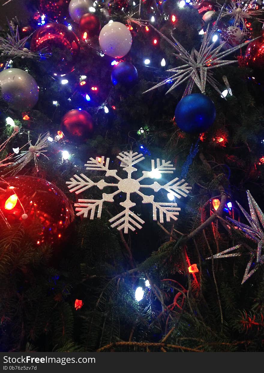 Decorations and Lights on a Christmas Tree in Bryant Park.