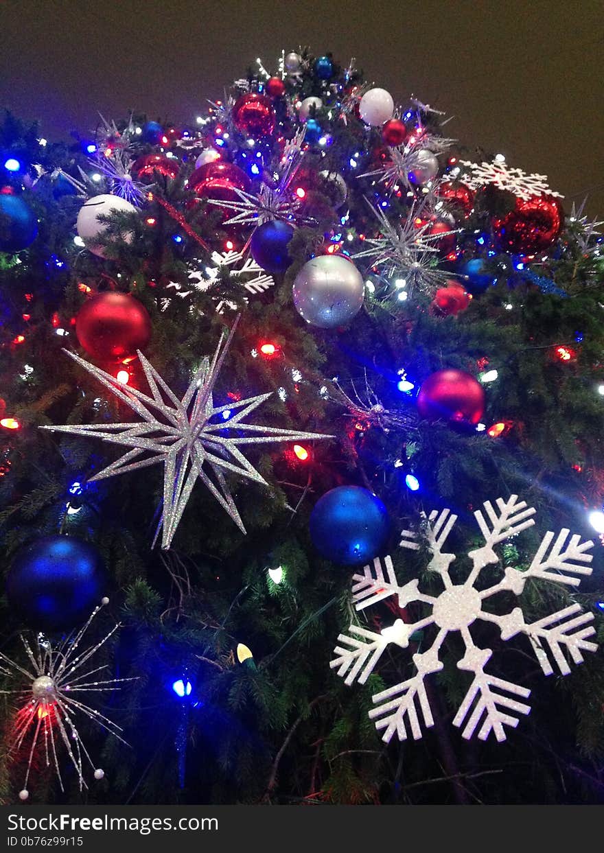 Decorations and Lights on a Christmas Tree in Bryant Park.