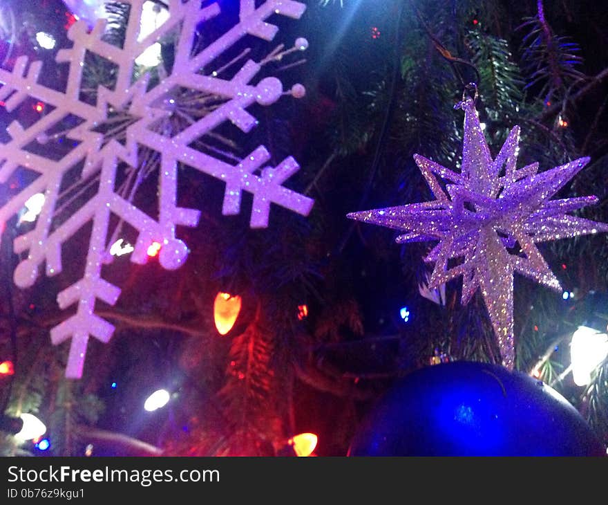 Decorations and Lights on a Christmas Tree in Bryant Park.