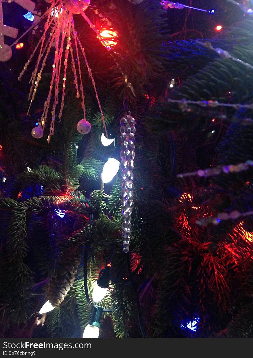 Decorations and Lights on a Christmas Tree in Bryant Park.