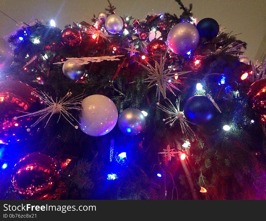 Decorations and Lights on a Christmas Tree in Bryant Park.