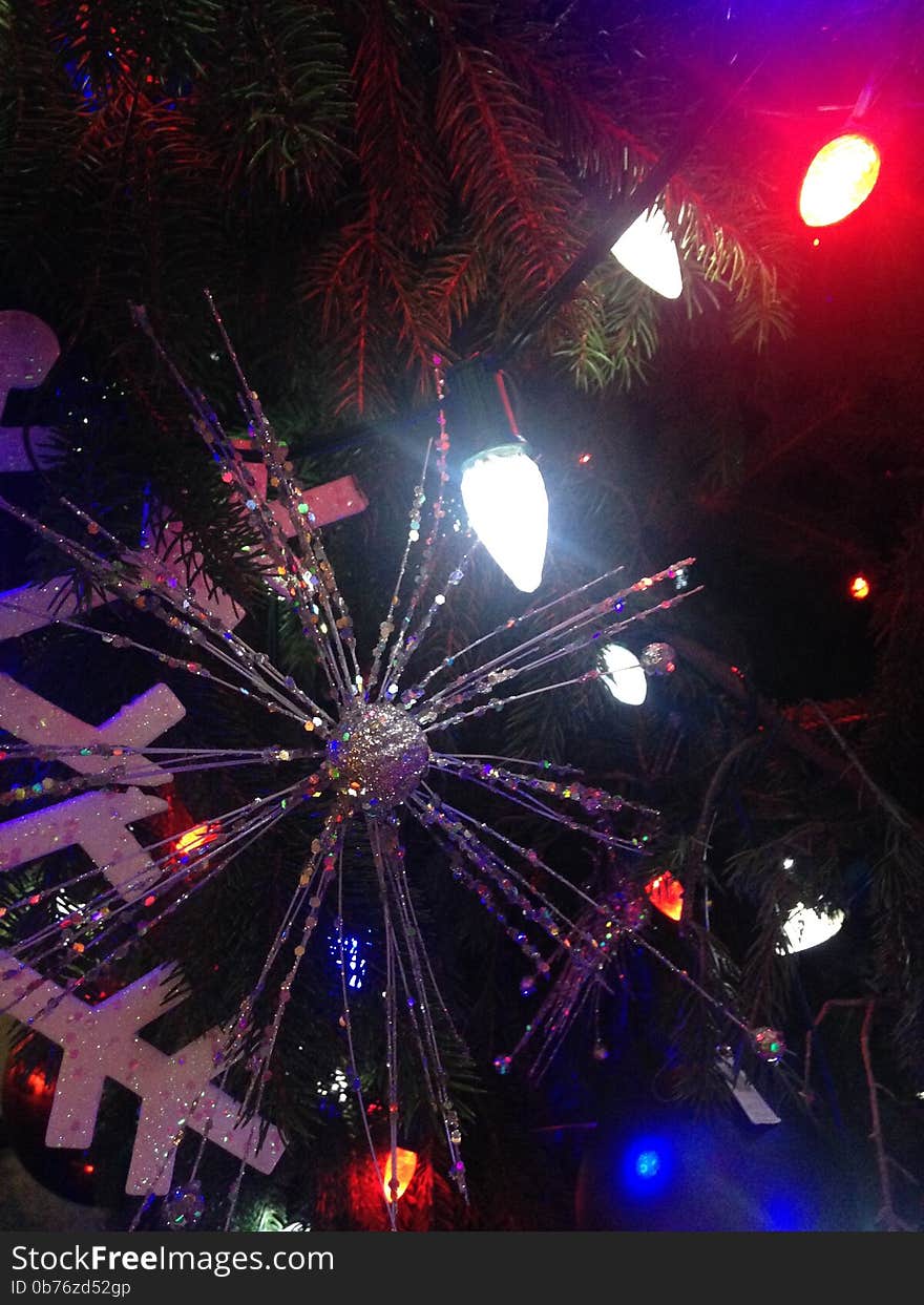 Decorations and Lights on a Christmas Tree in Bryant Park.