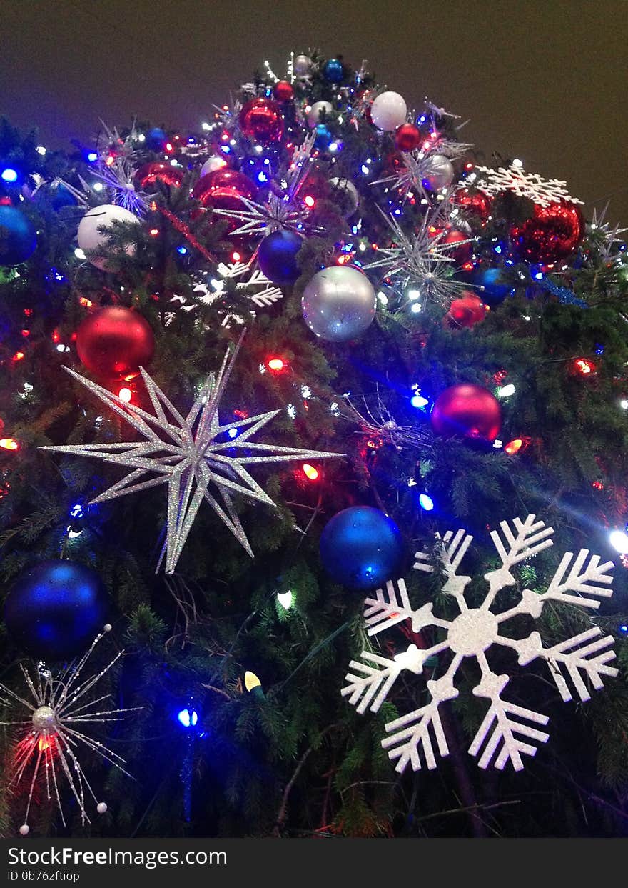 Decorations and Lights on a Christmas Tree in Bryant Park.