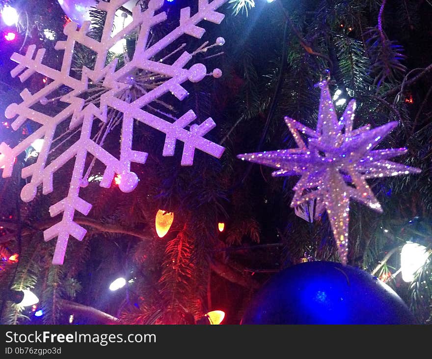 Decorations and Lights on a Christmas Tree in Bryant Park.