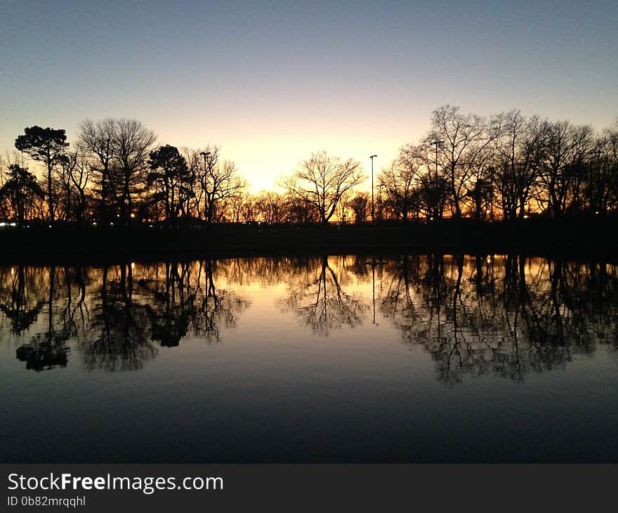 Trees Reflecting in Water Surface during Sunset in Winter.