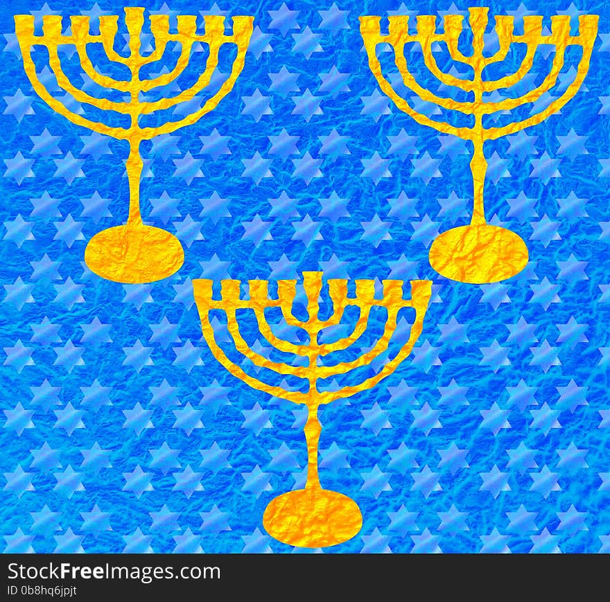 Gold Menorah Metallic Blue Pattern Hanukkah