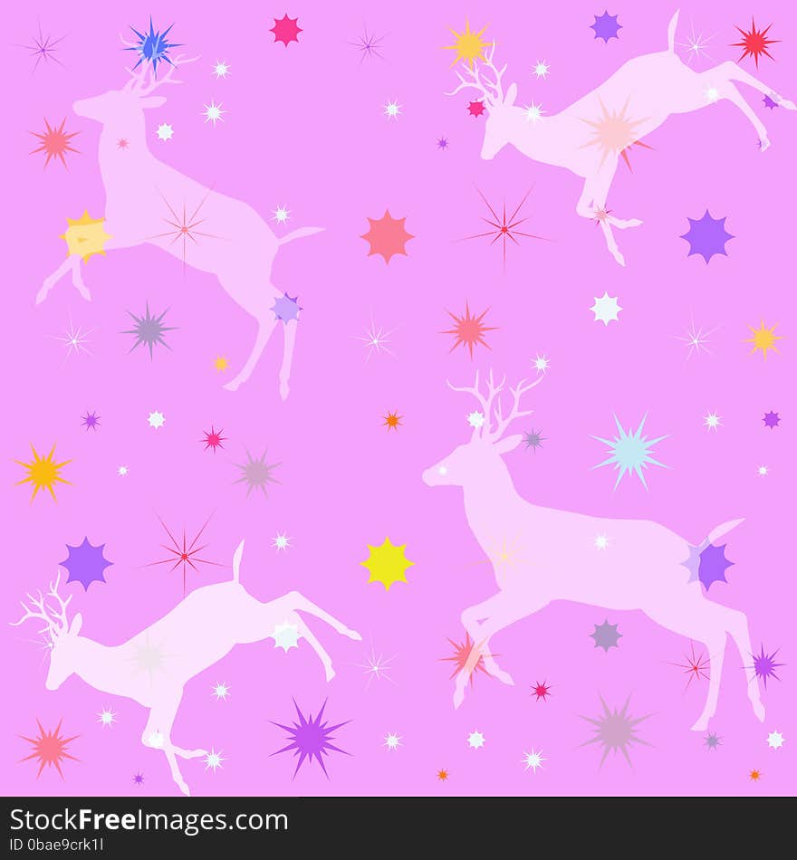 Pink background with shapes of the reindeer and stars. The Abstract vector illustration with a variety light color of the reindeer shapes and colorful shapes of the stars, for creating your beautiful design. Vector file organized in layers for easy editing. Design crafts, fabrics, decorating, printable production, albums, cover books, web background, textures and patterns. Pink background with shapes of the reindeer and stars. The Abstract vector illustration with a variety light color of the reindeer shapes and colorful shapes of the stars, for creating your beautiful design. Vector file organized in layers for easy editing. Design crafts, fabrics, decorating, printable production, albums, cover books, web background, textures and patterns.