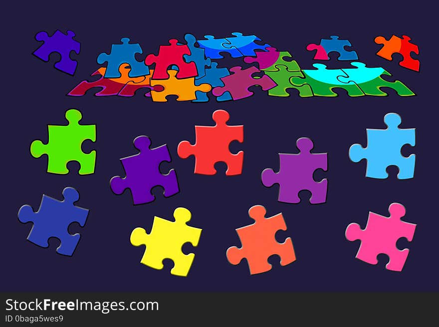 Puzzle colorful abstract background. Digital drawing. Colorful details of puzzles on a dark background. Design crafts, fabrics, decorating, printable production, albums, cover books, web background, textures and patterns.