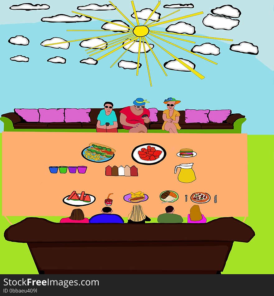 This is an image about people sitting around the table in the sunshine. This is an image about people sitting around the table in the sunshine