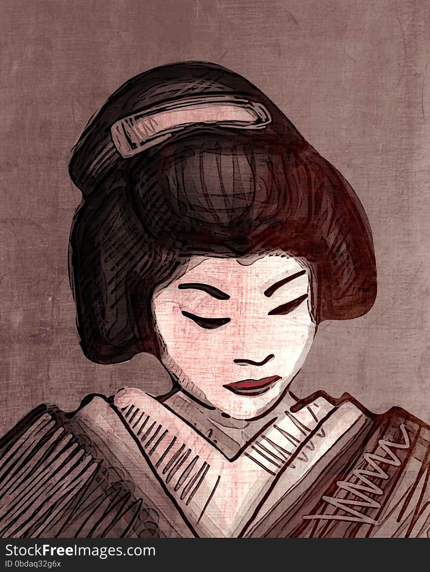 Hand drawn illustration or drawing of a japanese  traditional geisha