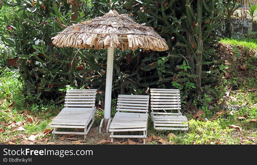 Thatched umbrella and three wooden chairs in a park. Thatched umbrella and three wooden chairs in a park.