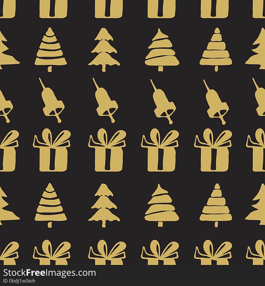 Seamless patterns bells, boxes and fir-trees