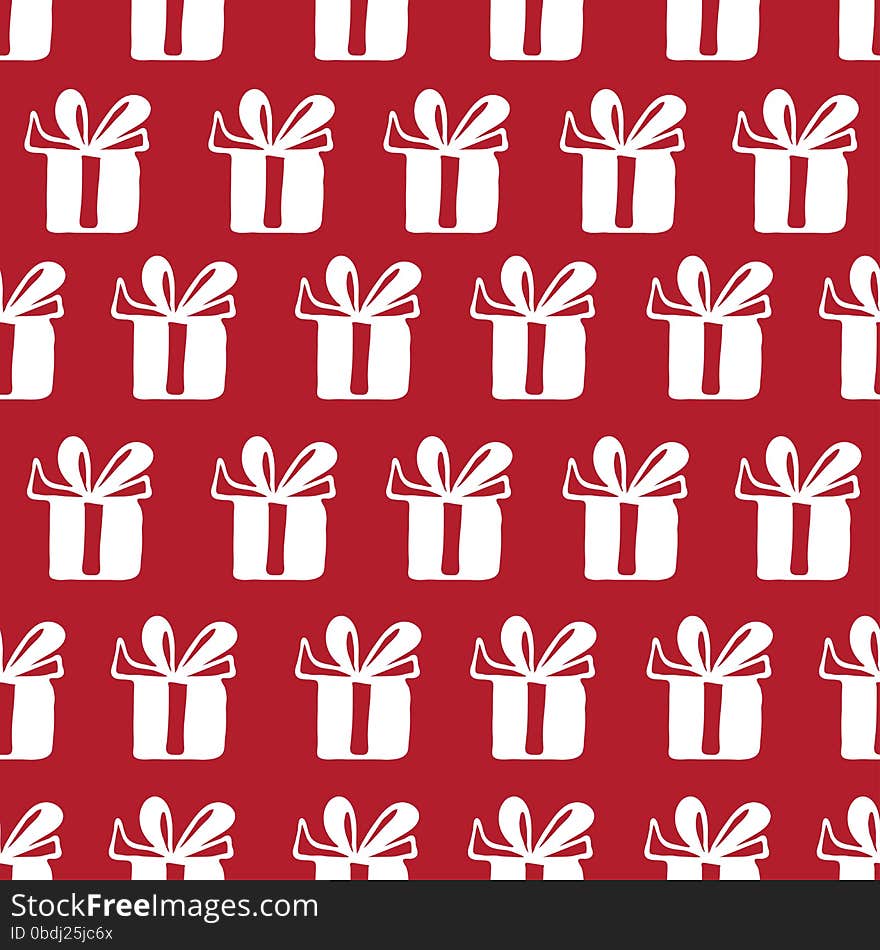 Seamless vector pattern with gift boxes white on red