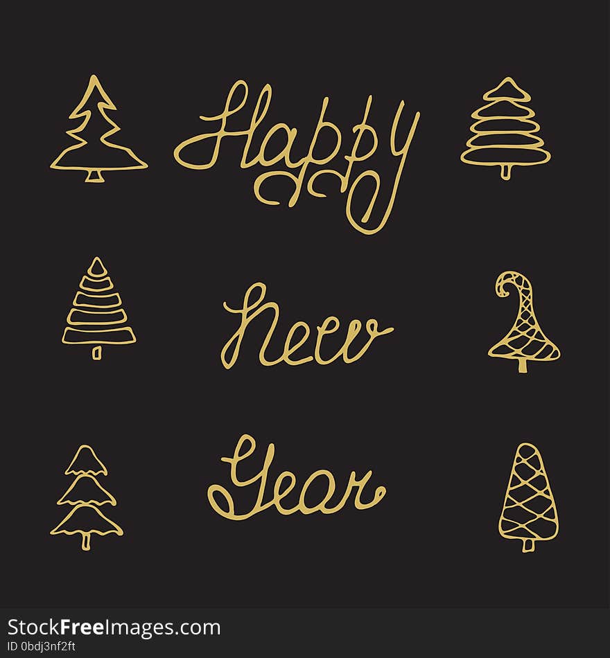 Christmas hand drawn fir tree branches with calligraphy greeting card. Lettering greeting card Happy New Year. Handwritten holiday vector. Christmas hand drawn fir tree branches with calligraphy greeting card. Lettering greeting card Happy New Year. Handwritten holiday vector