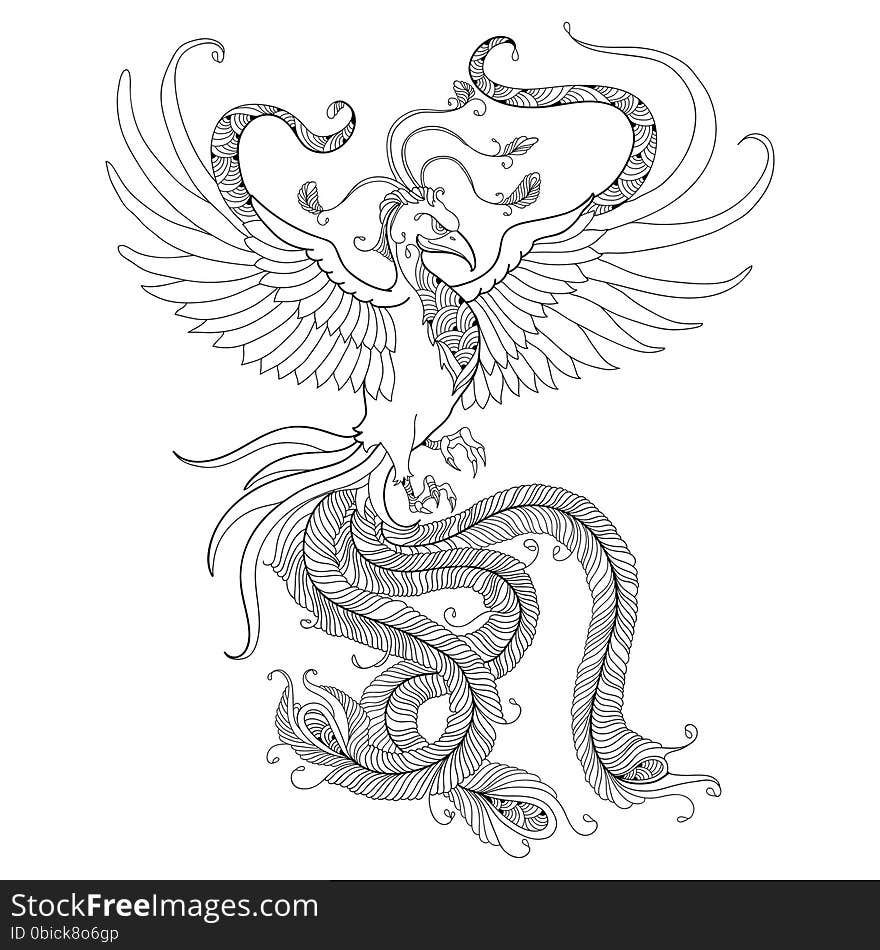 Mythological Phoenix or Phenix isolated on white background. Legendary bird that is cyclically reborn.