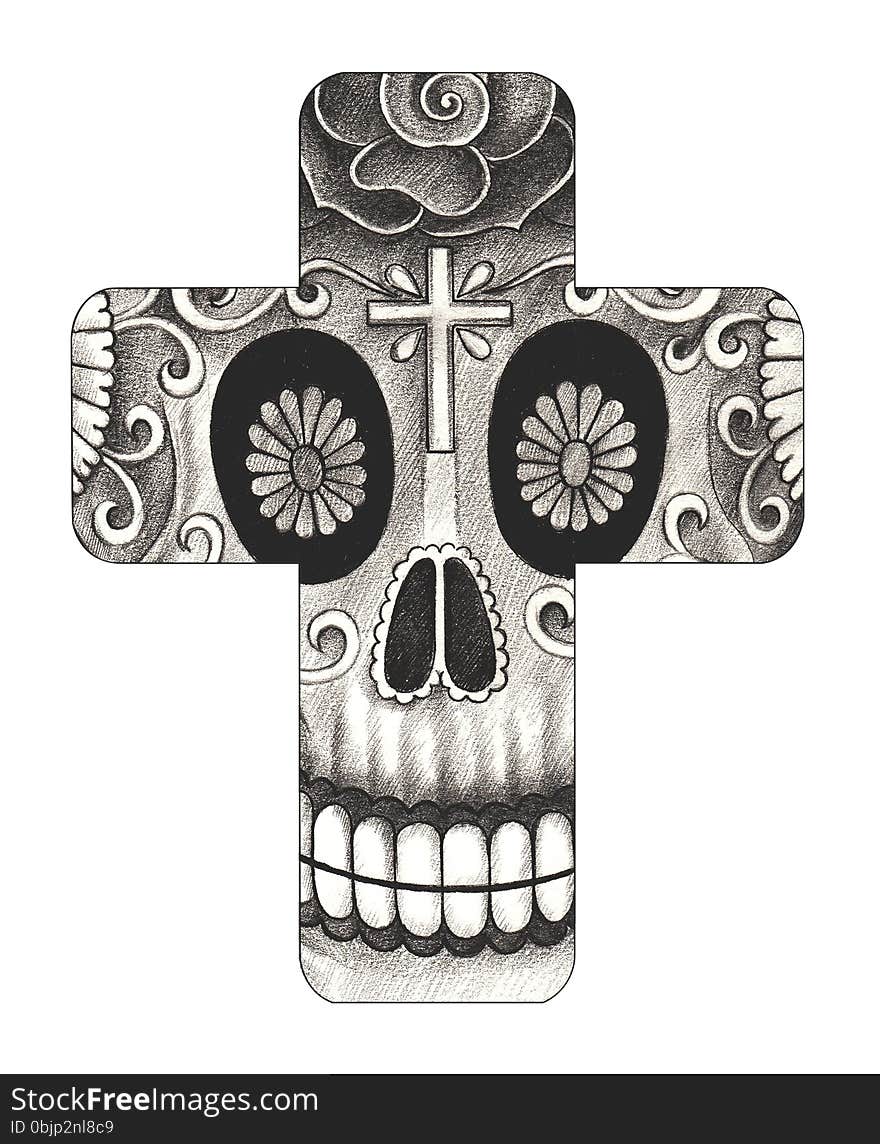 Art design head skull mix cross day of the dead hand pencil drawing on paper. Art design head skull mix cross day of the dead hand pencil drawing on paper.