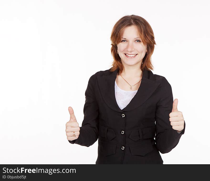 Smiling business woman in black suit showing a gesture all is good. Smiling business woman in black suit showing a gesture all is good