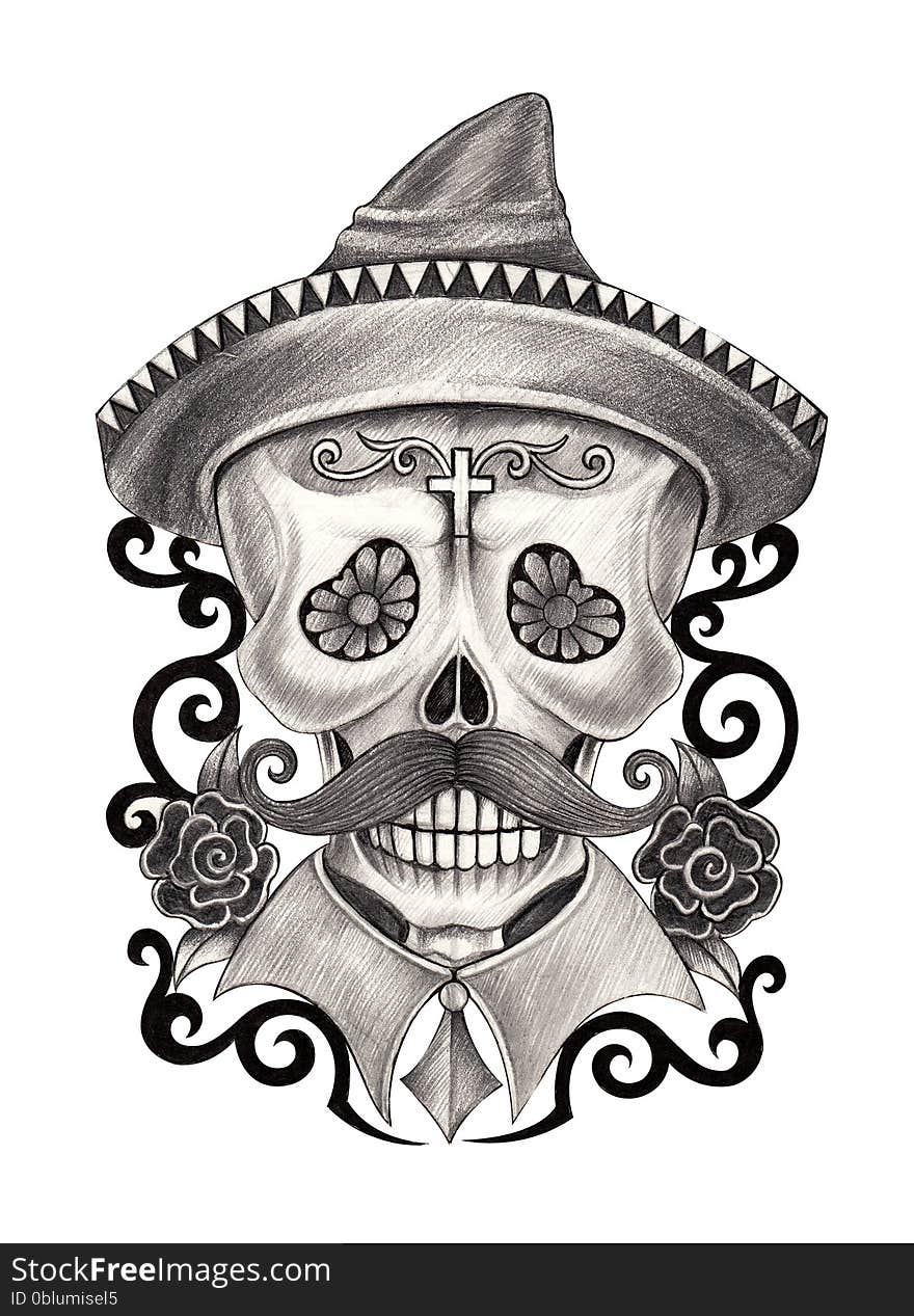 Art design old men skull head smiley face day of the dead festival. hand pencil drawing on paper. Art design old men skull head smiley face day of the dead festival. hand pencil drawing on paper.