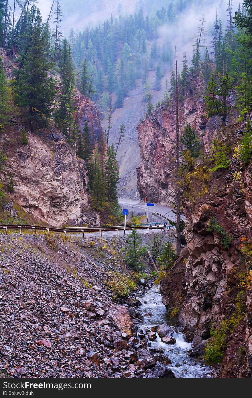 Road through narrow passage in the rocks