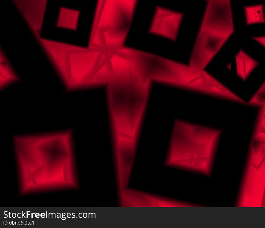 Art background with black shapes cube in a red geometrical texture