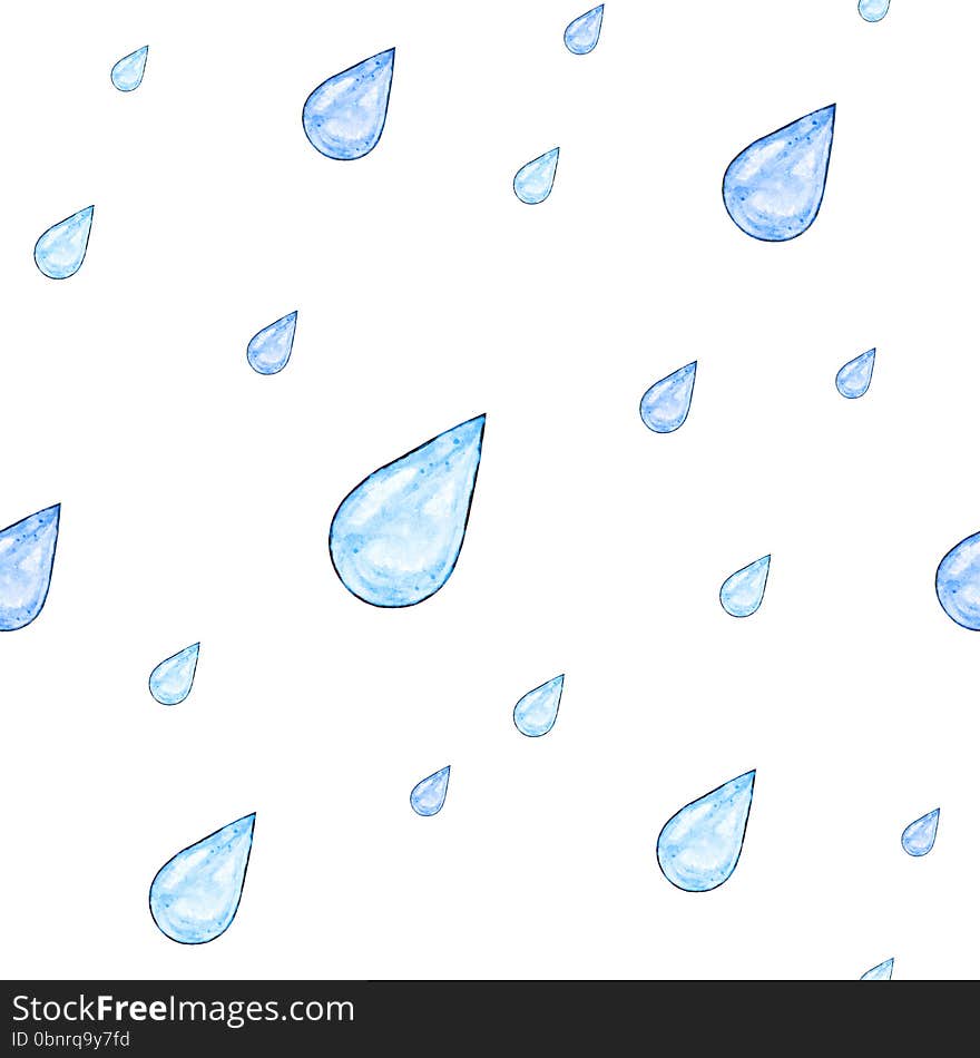 Rain. Blue Drops Isolated On A White Background. Watercolor Drawing. Handwork. Seamless Pattern For Design