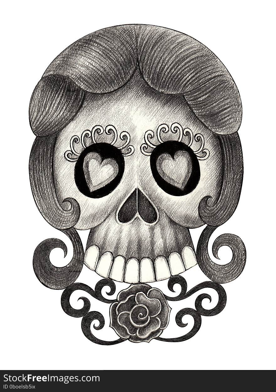 Art design girl skull head smiley face day of the dead festival. hand pencil drawing on paper. Art design girl skull head smiley face day of the dead festival. hand pencil drawing on paper.