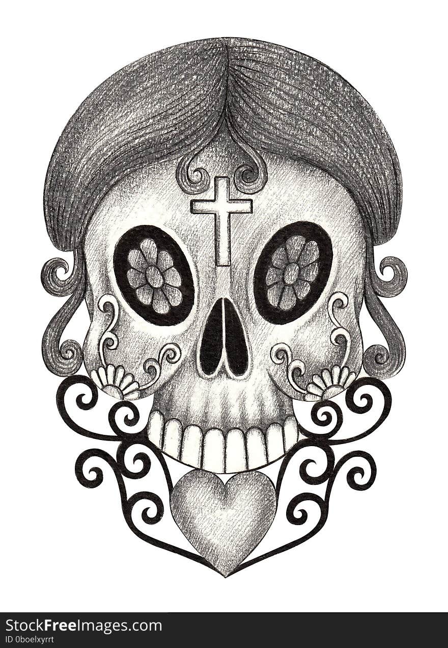 Art design girl skull head smiley face day of the dead festival. hand pencil drawing on paper. Art design girl skull head smiley face day of the dead festival. hand pencil drawing on paper.