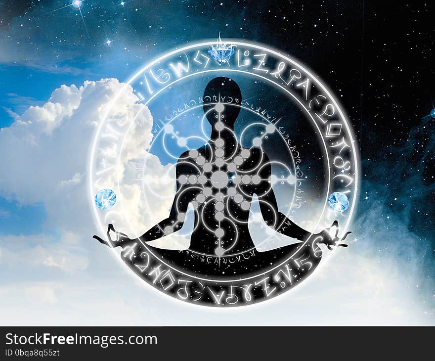 Shining yoga meditation symbol  on the sky background