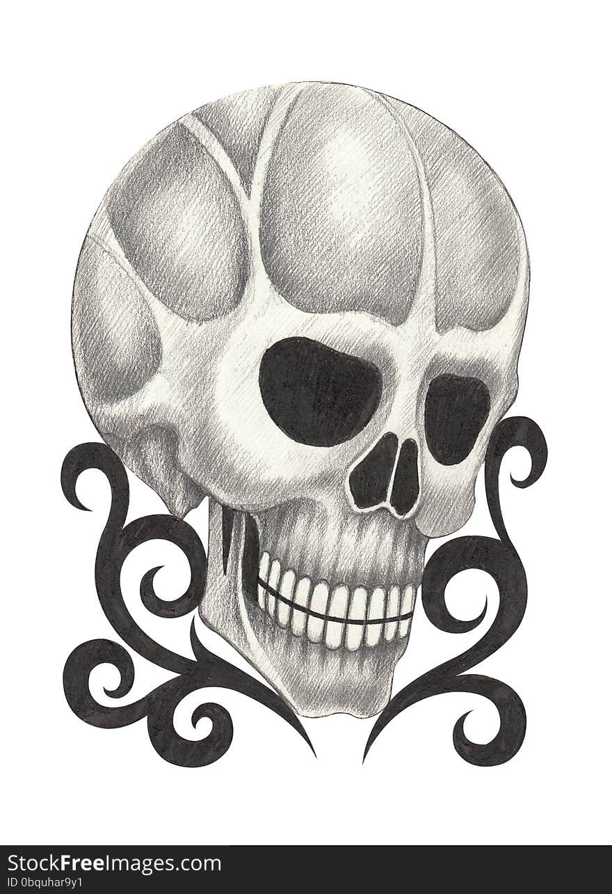 Art design skull head mix graphic tribal tattoo hand pencil drawing on paper. Art design skull head mix graphic tribal tattoo hand pencil drawing on paper.
