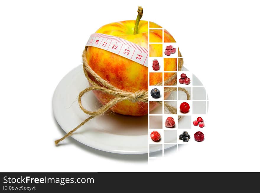 Collage of apple surrounding of measuring tape tied with twine and frozen berries on squares &#x28;horizontally&#x29;