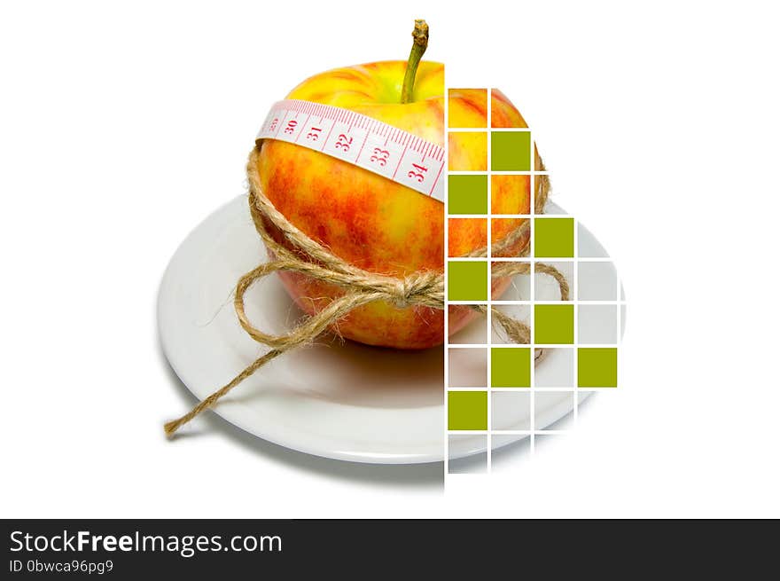 Collage of apple surrounding of measuring tape tied with twine with squares, some of them are covered with green. Red, Beige, White, Yellow, Green colors