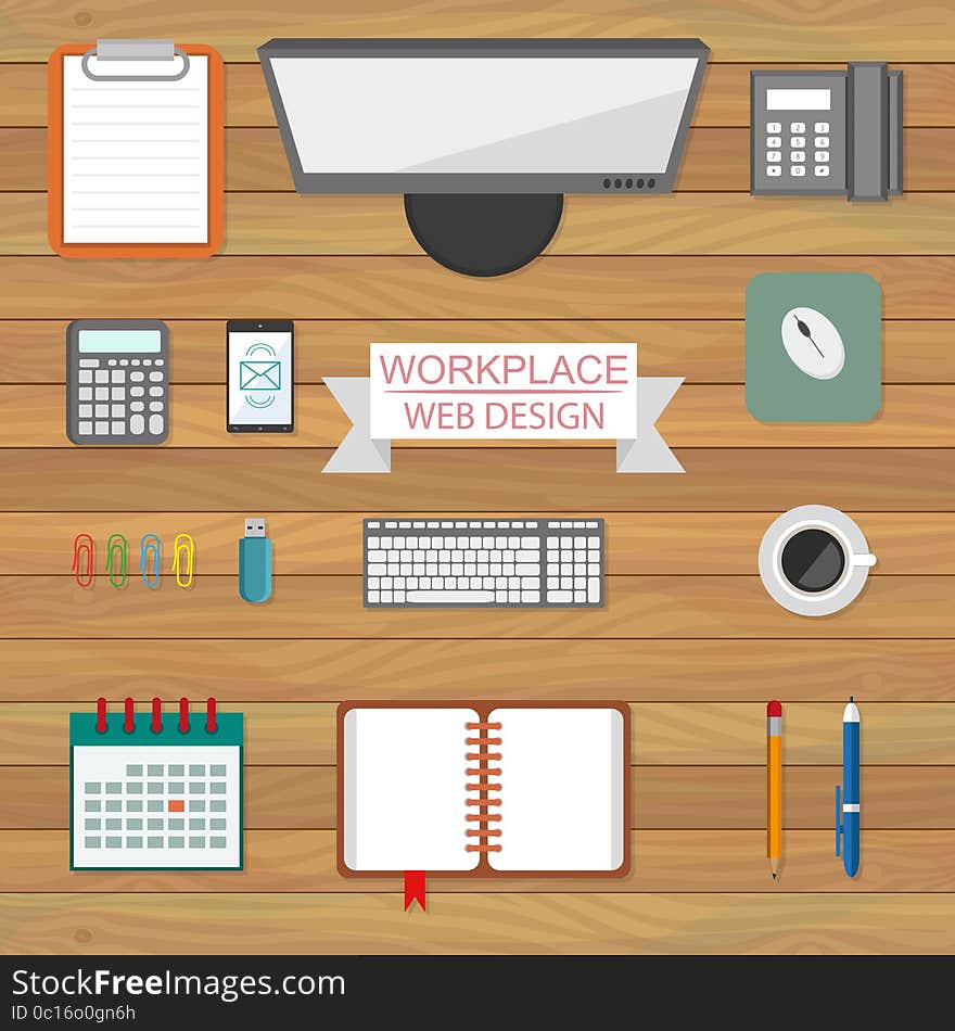 Flat Style Modern Office Workspace. Equipment for Workplace Design. Vector Illustration. Flat Style Modern Office Workspace. Equipment for Workplace Design. Vector Illustration