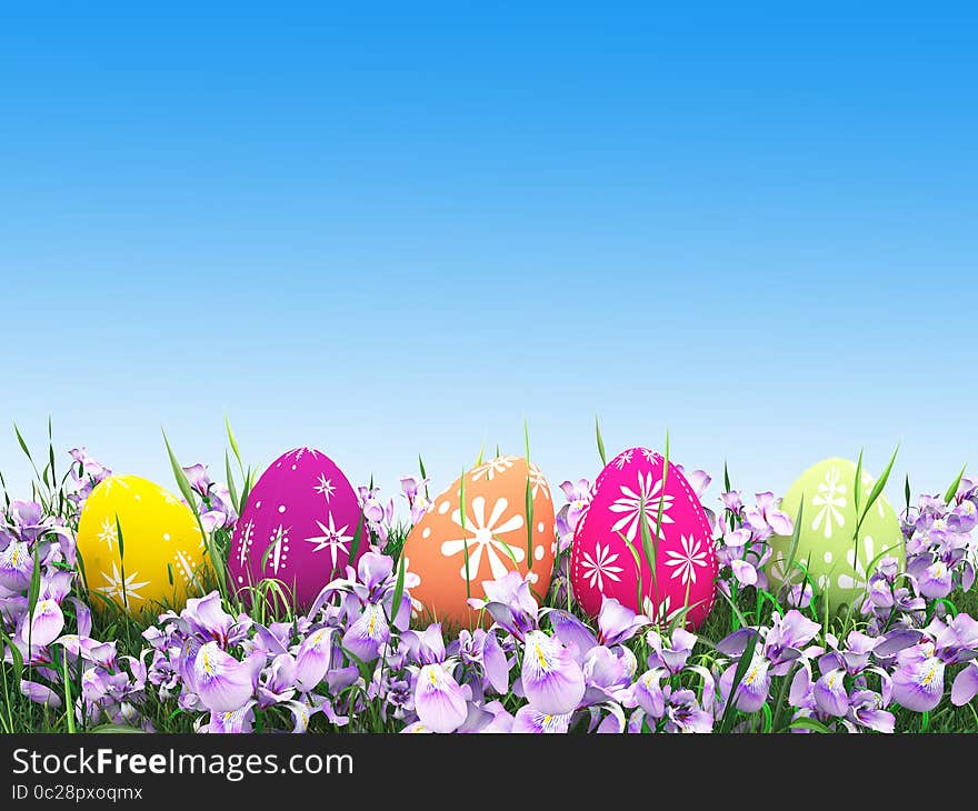 Easter colorful eggs on the meadow on blue background