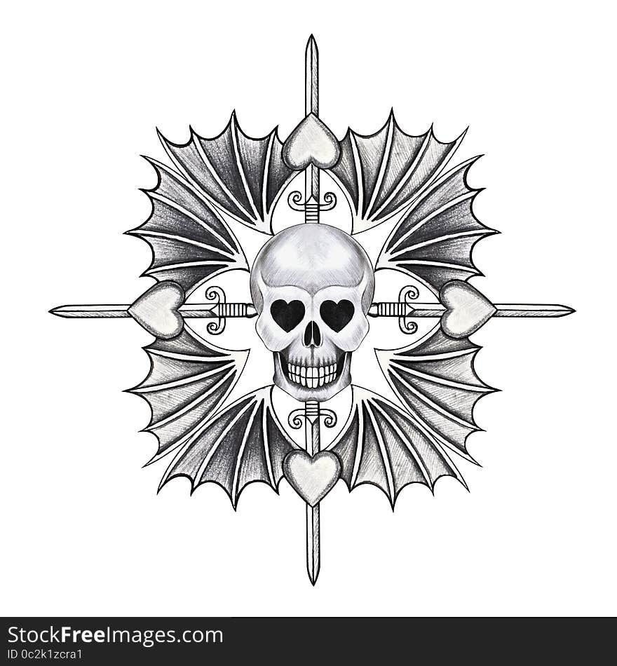 Art design skull head mix heart wings swords for tattoo hand pencil drawing on paper. Art design skull head mix heart wings swords for tattoo hand pencil drawing on paper.