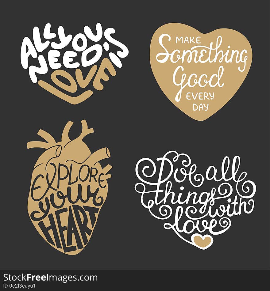 Set of vector hand drawn typography design element in heart shape for greeting cards, prints and posters in vintage style. Inspirational calligraphy phrases. Unique lettering poster.