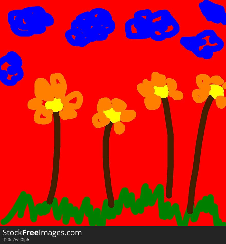 Hand-painted flowers children, image meadows painted with small children