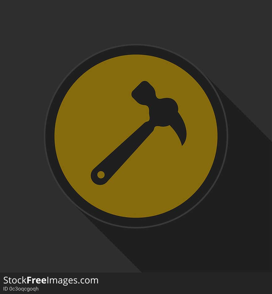 Dark gray and yellow icon - claw hammer on circle with long shadow