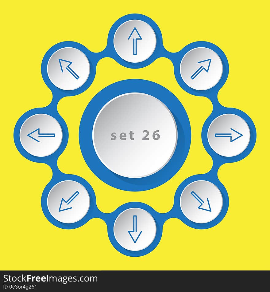 Blue white icons - arrows in eight directions on a yellow background