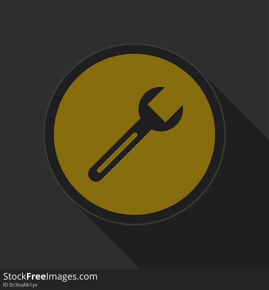Dark gray and yellow icon - spanner on circle with long shadow