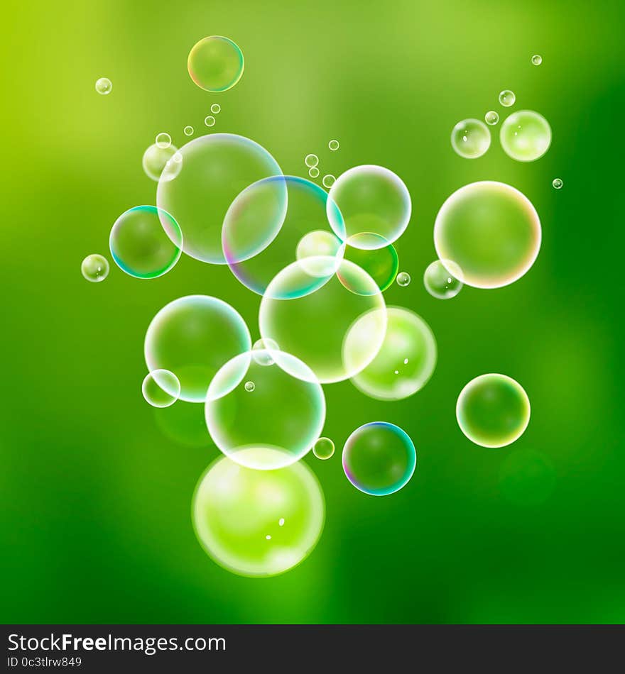 Set colorful water bubbles in vector. Isolated  soap bubbles collection on green blur background