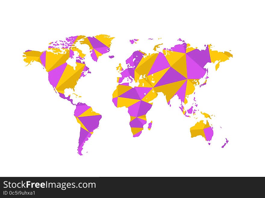 Violet and yellow triangulated world map on white