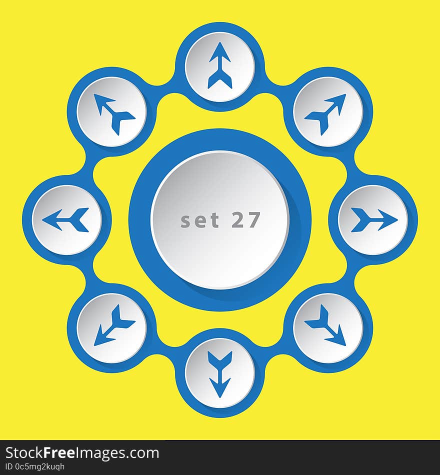 Blue white icons with arrows in eight directions on a yellow background