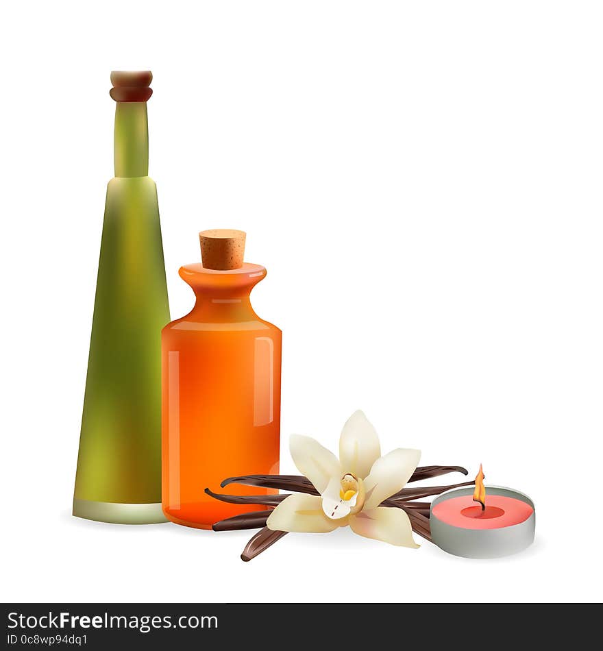 Glass Cosmetic Bottles And Candle With Vanilla Flower. Vector Isolated  Illustration. Template Elements For Cosmetic Shop, Spa Sal