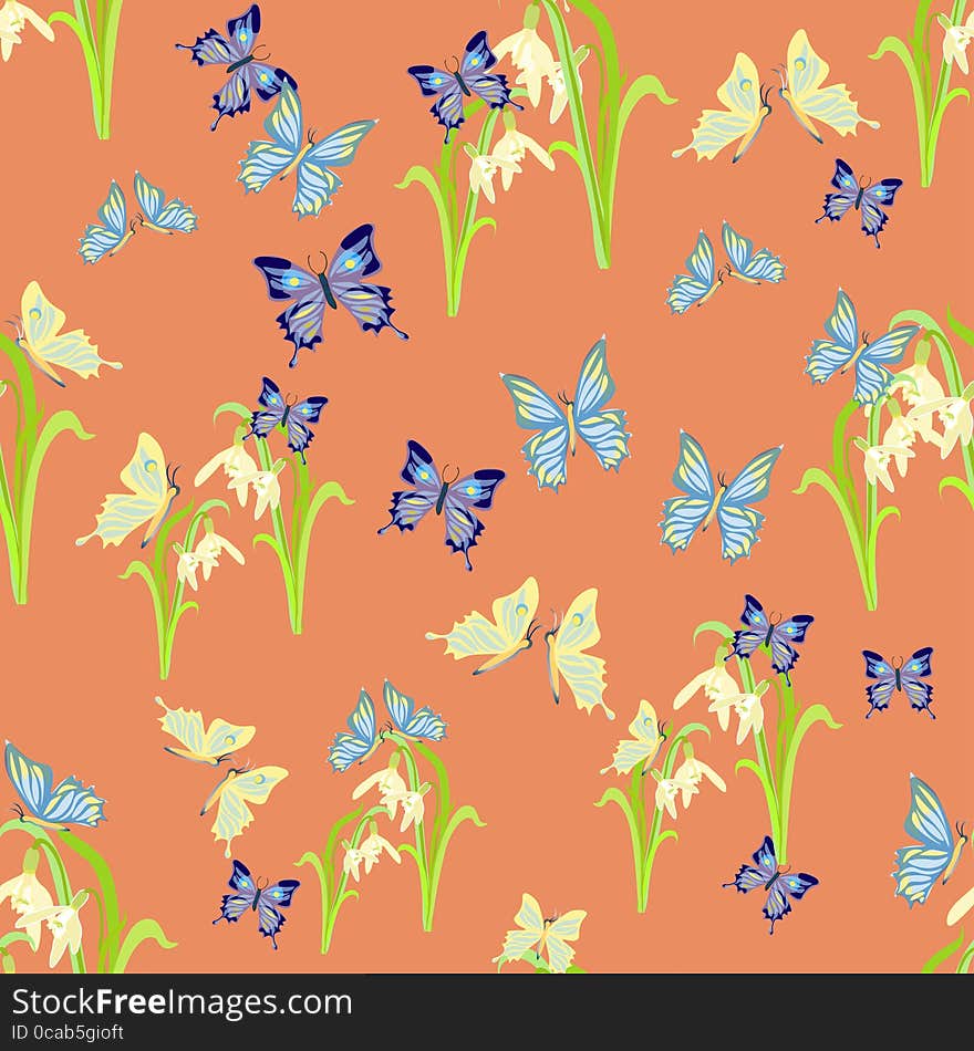 Cute Snowdrops And Butterflies Seamless Vector Pattern