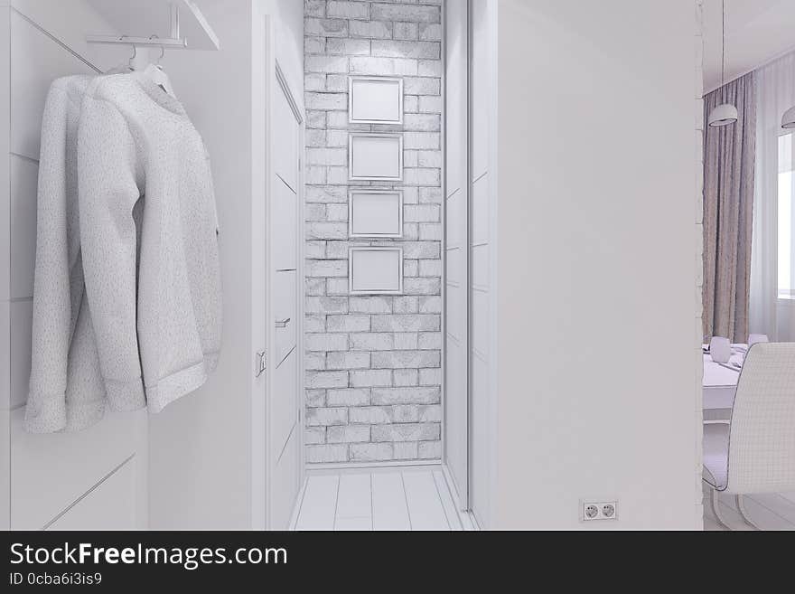 3d illustration of entrance hall interior design in a modern style. Interior displayed in the polygon mesh. 3d illustration of entrance hall interior design in a modern style. Interior displayed in the polygon mesh.