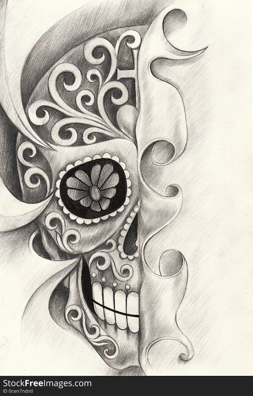 Art design skull head action smiley face day of the dead for tattoo hand pencil drawing on paper. Art design skull head action smiley face day of the dead for tattoo hand pencil drawing on paper.