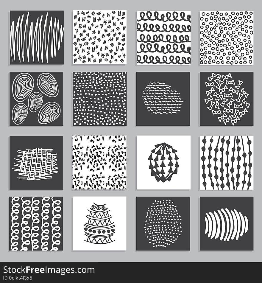 Set of 16 creative black and white cards with hand drawn textures pen and ink arts. Stickers for invitations. Vector design of flayers, banners, posters.