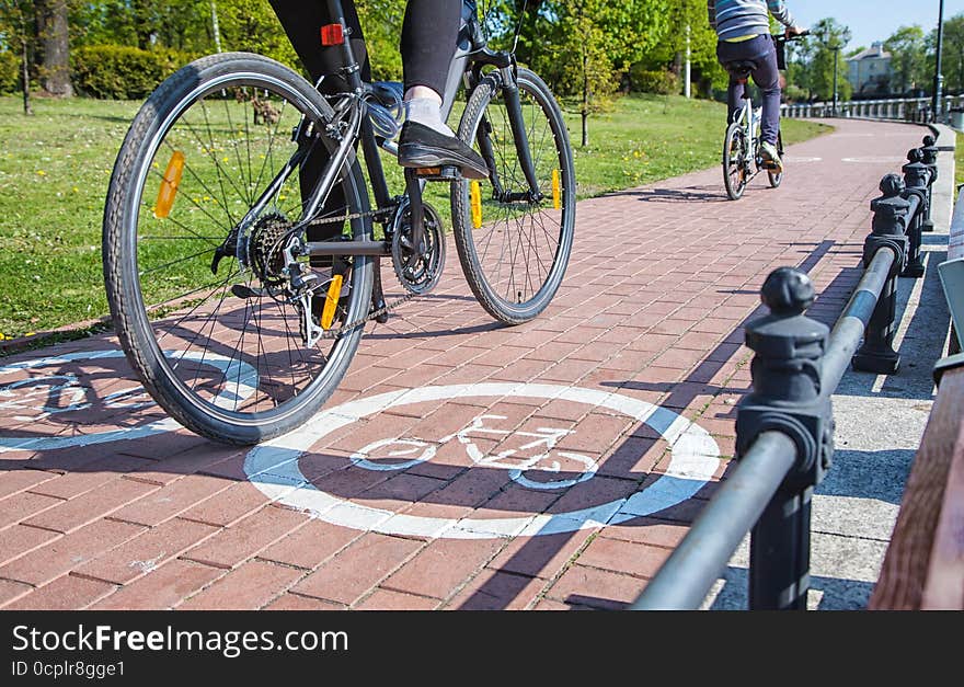 Two bicyclists riding on the bike path