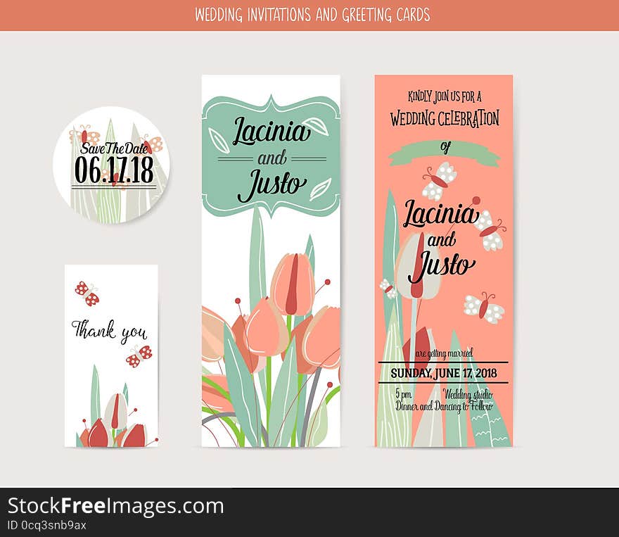 Wedding invitation card with romantic flower templates